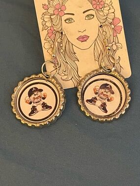 Baseball Mascot Bottle Cap Dangle Earrings - Silver with White/Blue Accent